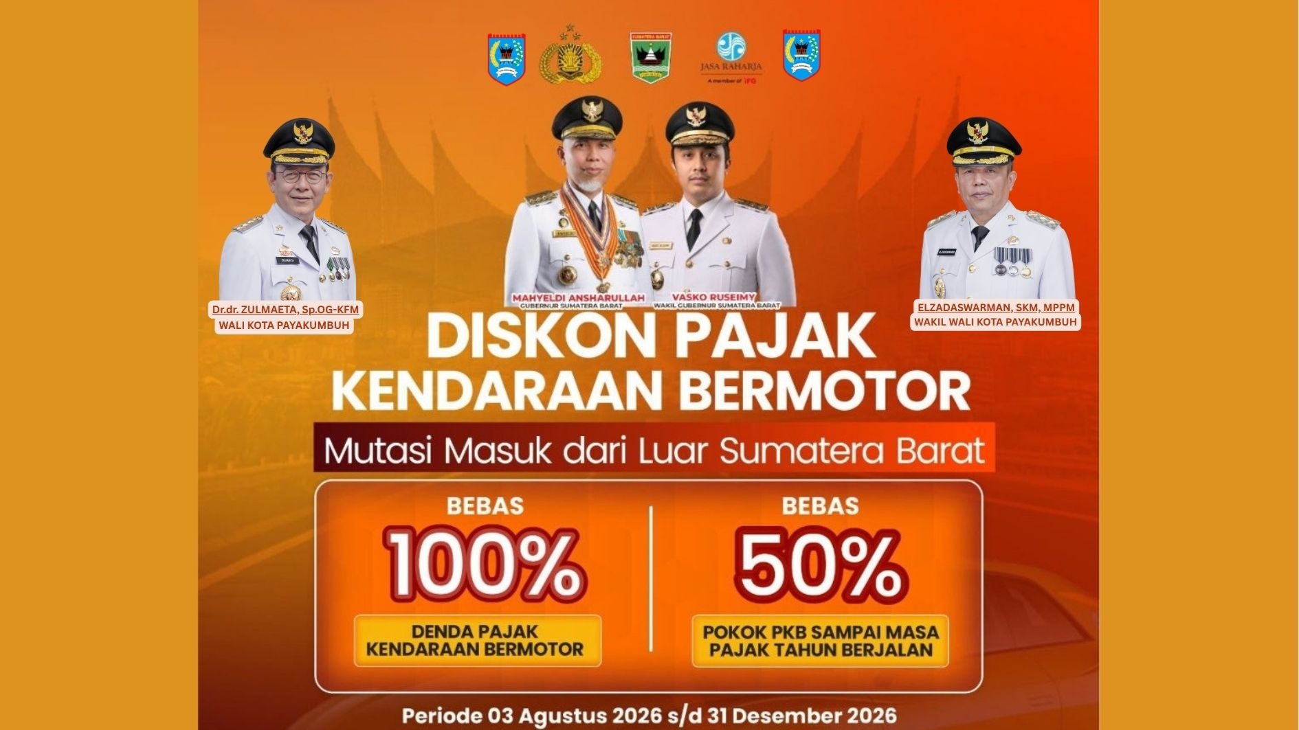 Kabar Gembira! Pemprov Sumbar Beri Diskon 50% Pokok PKB dan Bebas Denda 100% Mutasi Masuk Plat BA Hingga 31 Desember 2026